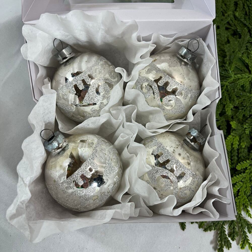 Vintage Set 4 Distressed Silver Glitter Mercury Glass Ball Christmas Ornaments